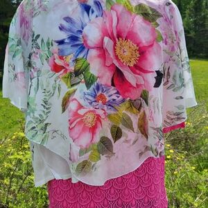 "Wild Rose" Asymmetrical Pink and Blue Floral Blouse